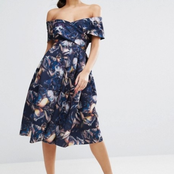 asos floral off the shoulder dress ASOS LUXE organza off the shoulder tiered mini dress in blurred floral print
